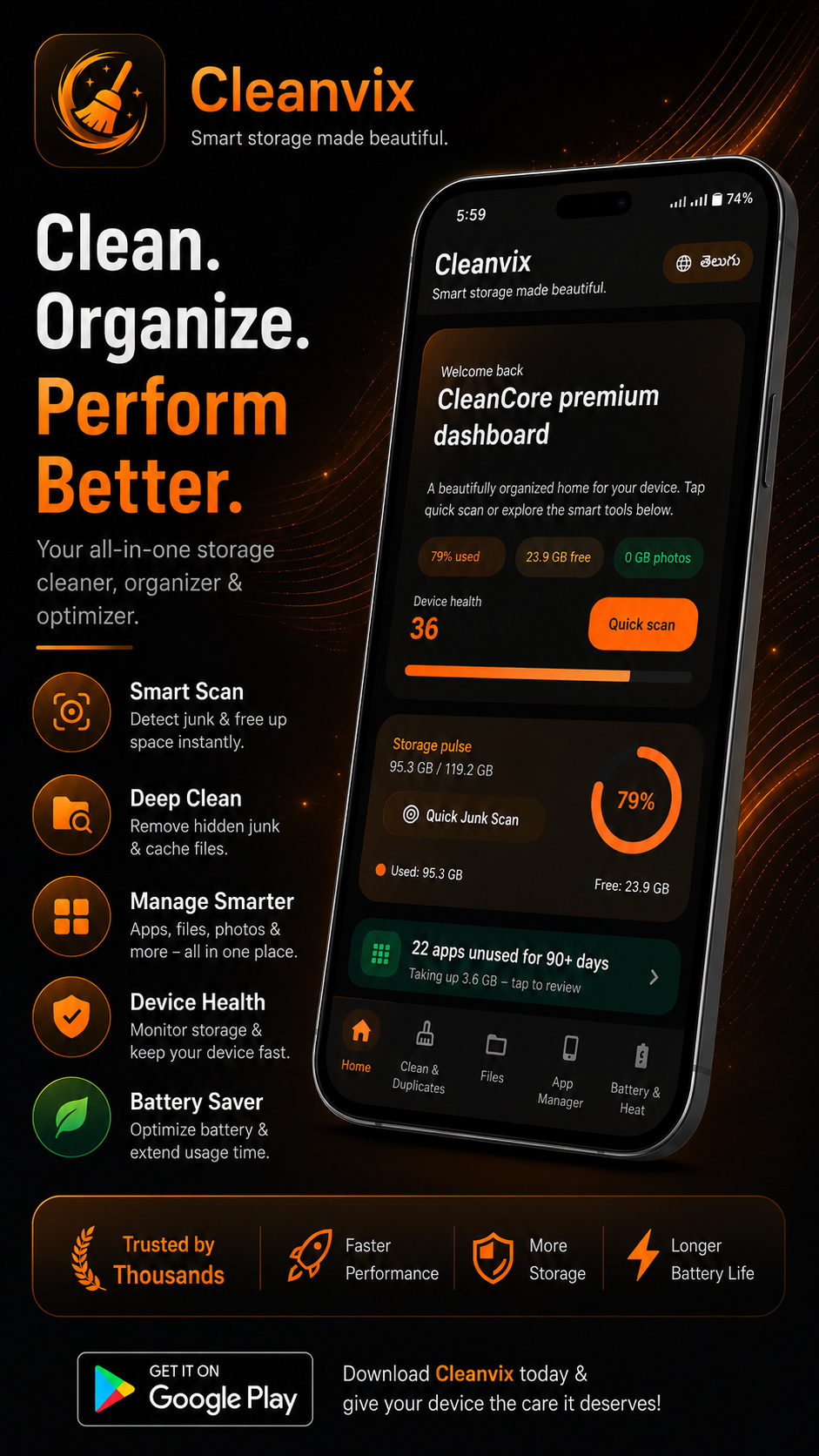 Cleanvix home dashboard — storage pulse, device health, and quick scan