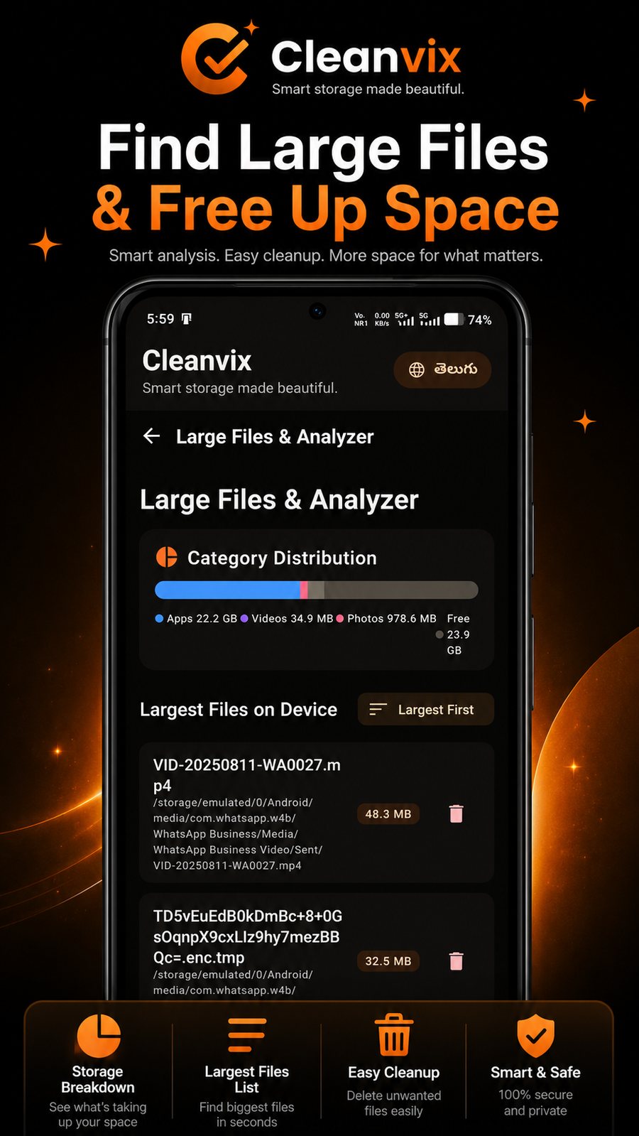 Cleanvix Large Files & Analyzer — category breakdown and largest files on device